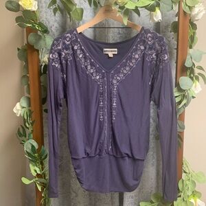 Knox Rose Embroidered Bohemian Long Sleeve Stretchy Ruched Top Size Small